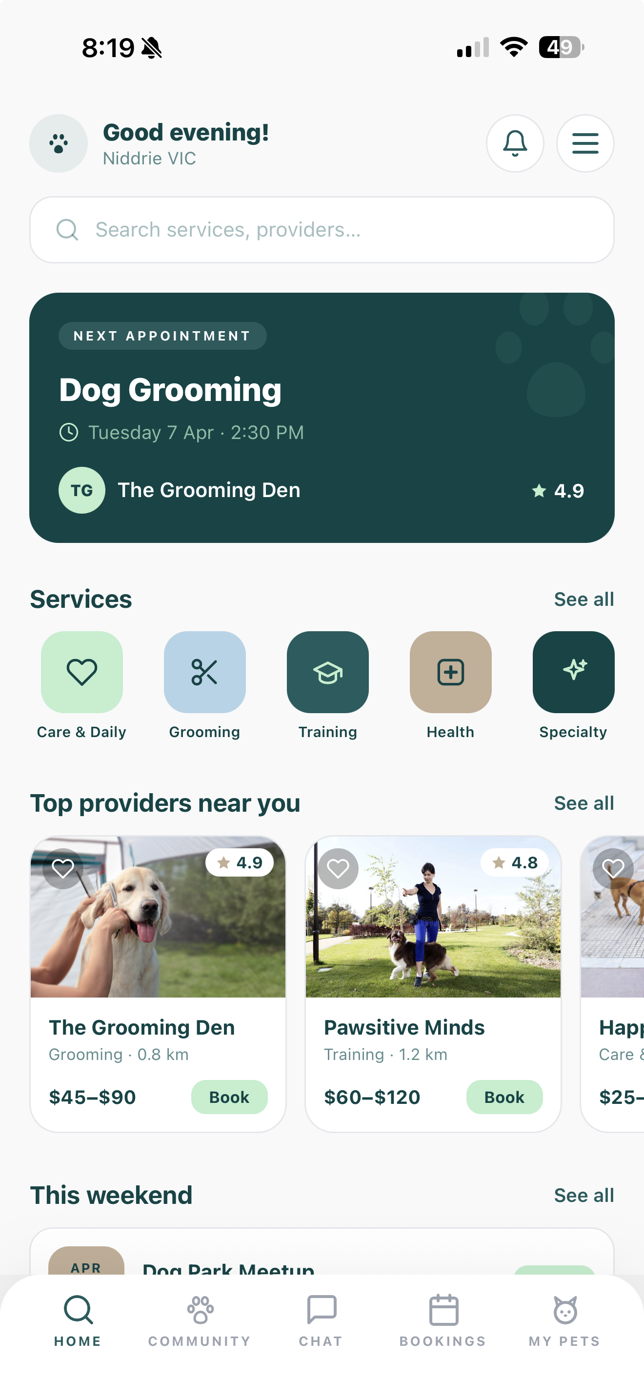 BamChi app home screen showing services, providers, and community features