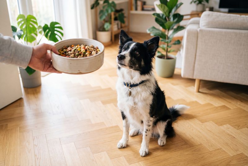 A sitter offering a border collie its dinner