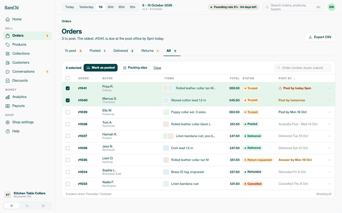 Orders list in the seller portal