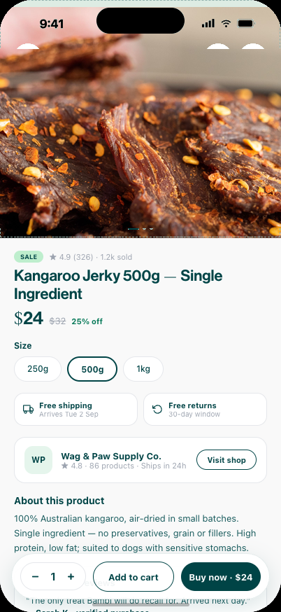 A product page in the BamChi app, with Buy now